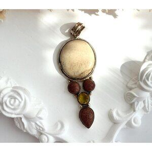 Jasper, Druzy Quartz & Citrine Gemstone Sterling Silver 925 Vintage Pendant